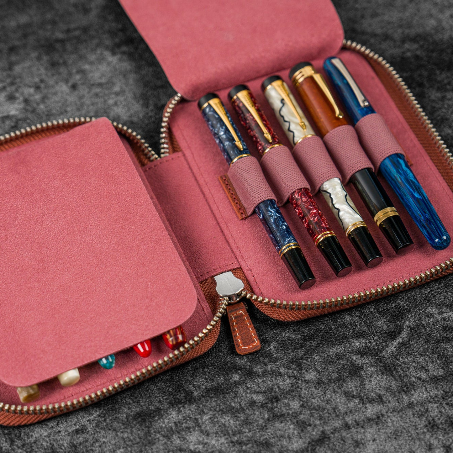 Galen Leather Zippered 10 Slots Pen Case - Crazy Horse Orange