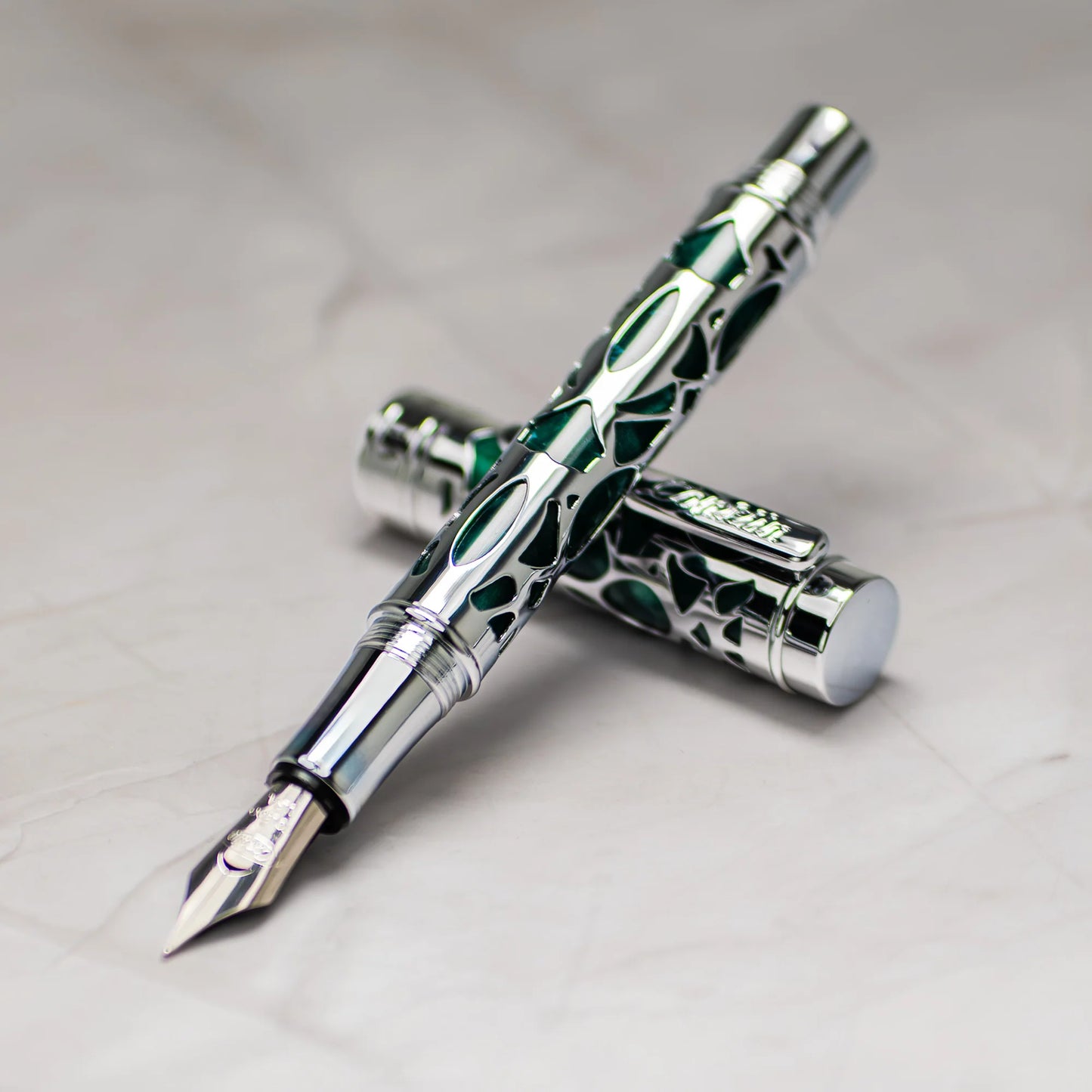 Conklin Endura Deco Crest Fountain Pen - Forest Green with Chrome Trim