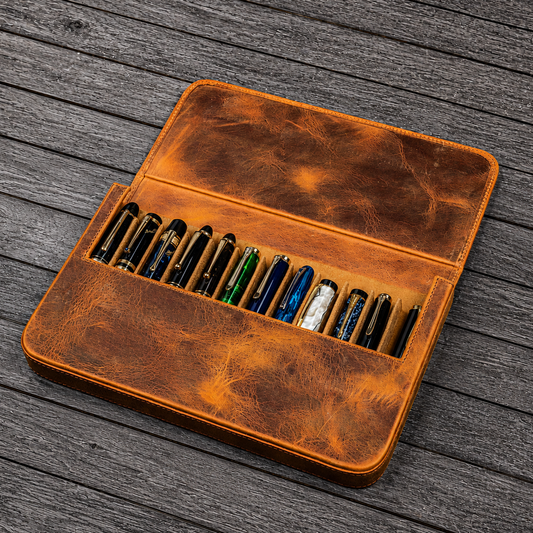 Galen Leather 12 Slots Magnum Opus Pen Case - Crazy Horse Brown (with Removable Pen Tray)