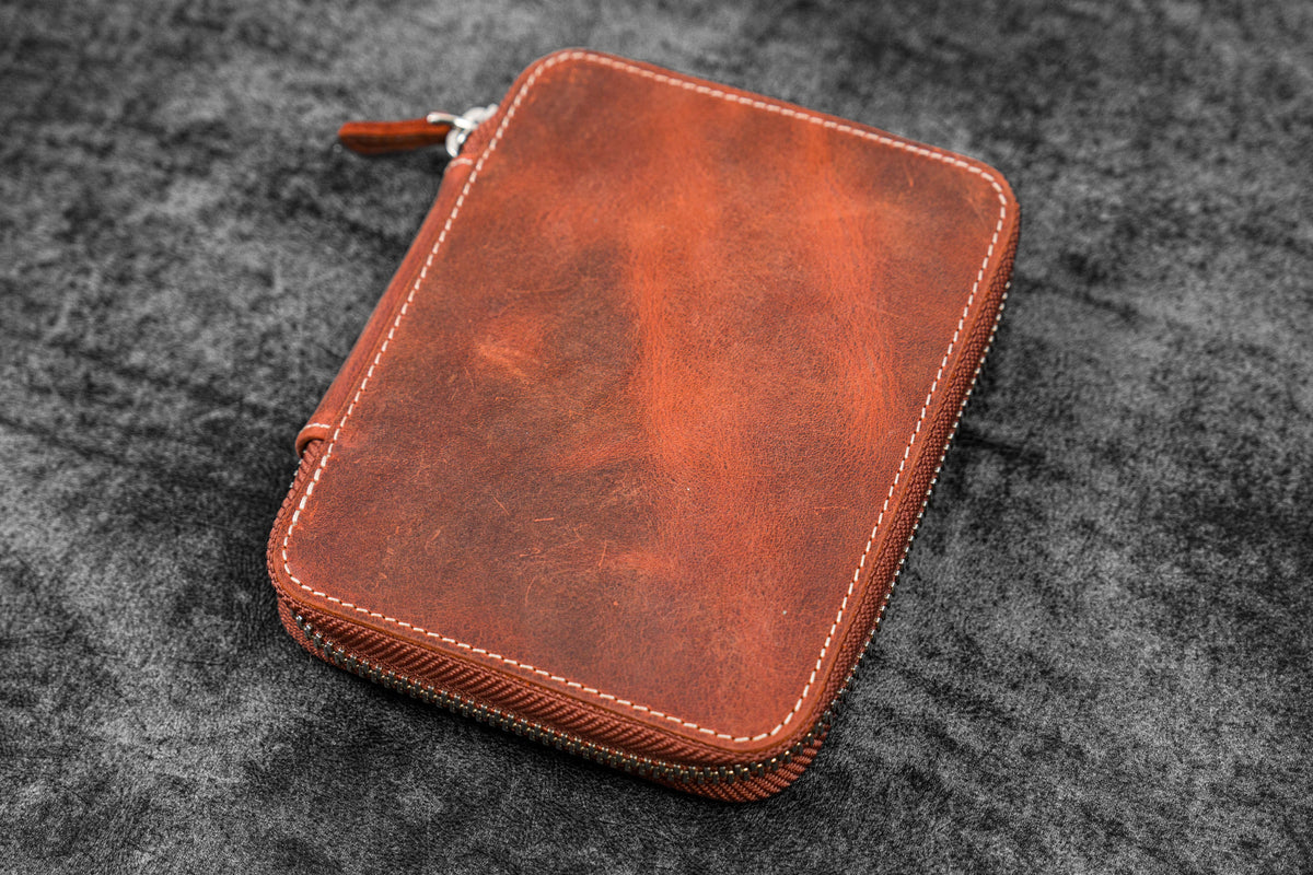 Galen Leather Zippered 14 Slots Collector Pen Case for Kaweco Pens - Crazy Horse Orange