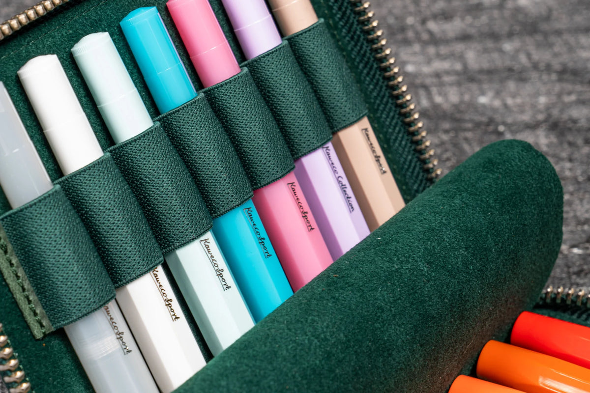 Galen Leather Zippered 14 Slots Collector Pen Case for Kaweco Pens - Crazy Horse Forest Green