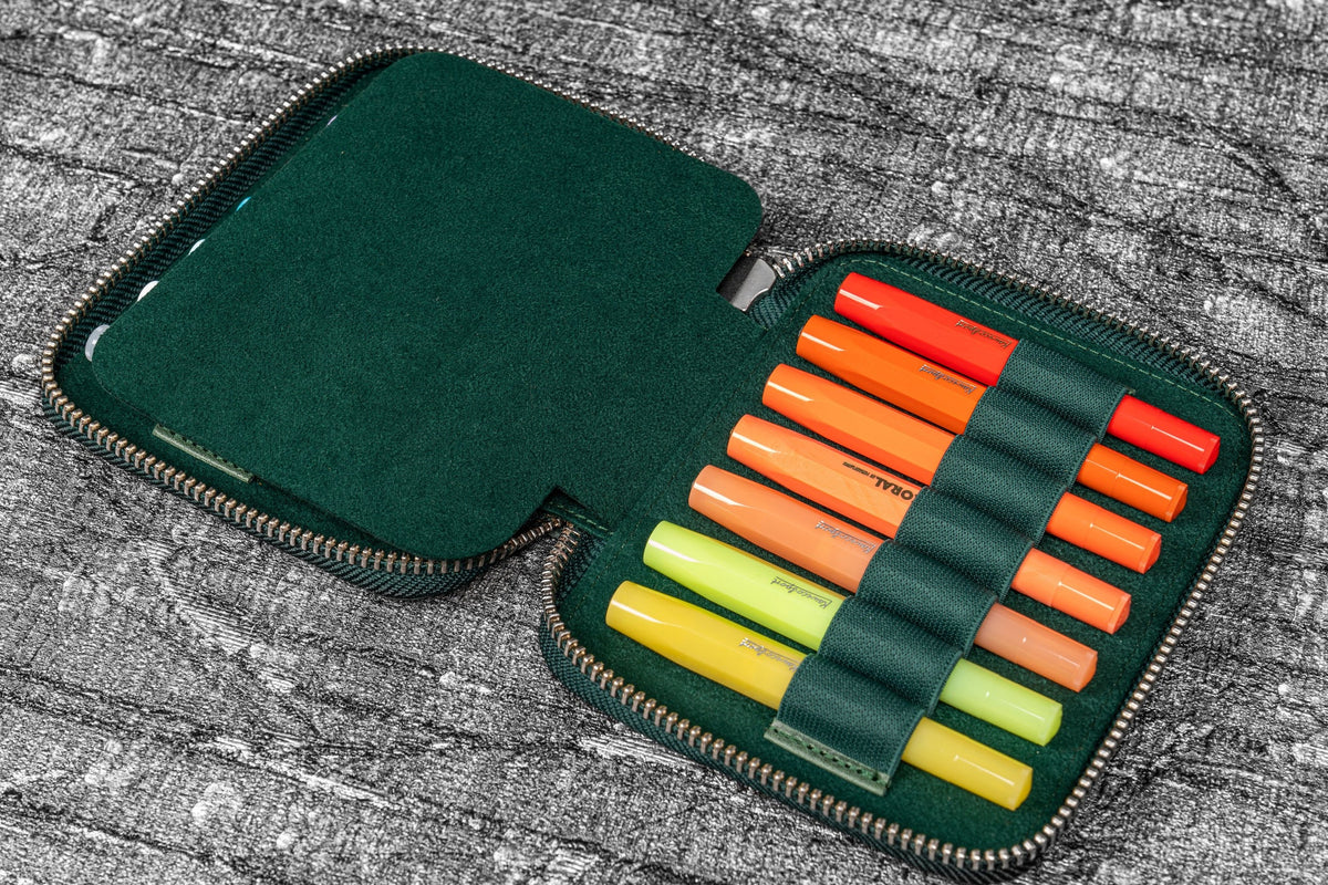 Galen Leather Zippered 14 Slots Collector Pen Case for Kaweco Pens - Crazy Horse Forest Green