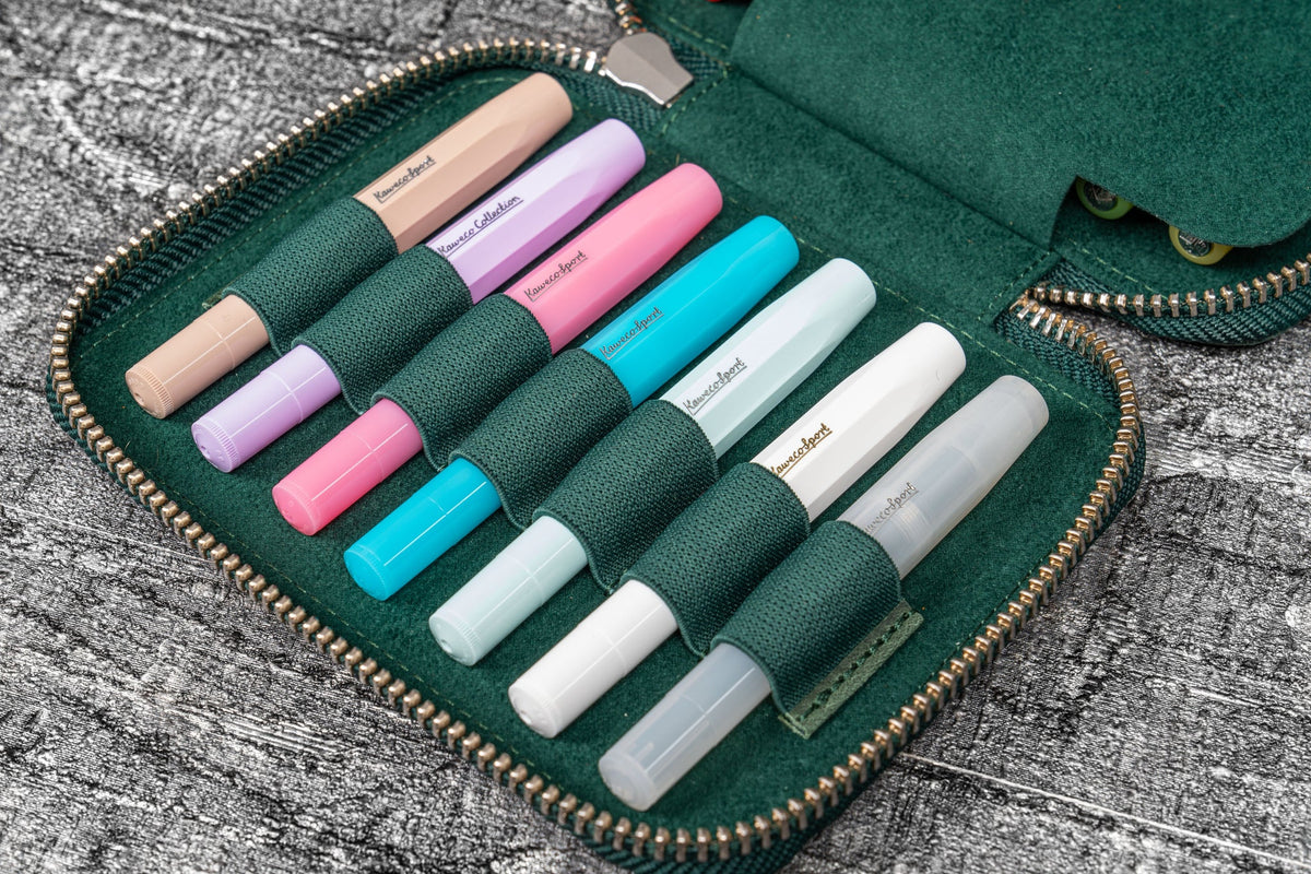 Galen Leather Zippered 14 Slots Collector Pen Case for Kaweco Pens - Crazy Horse Forest Green