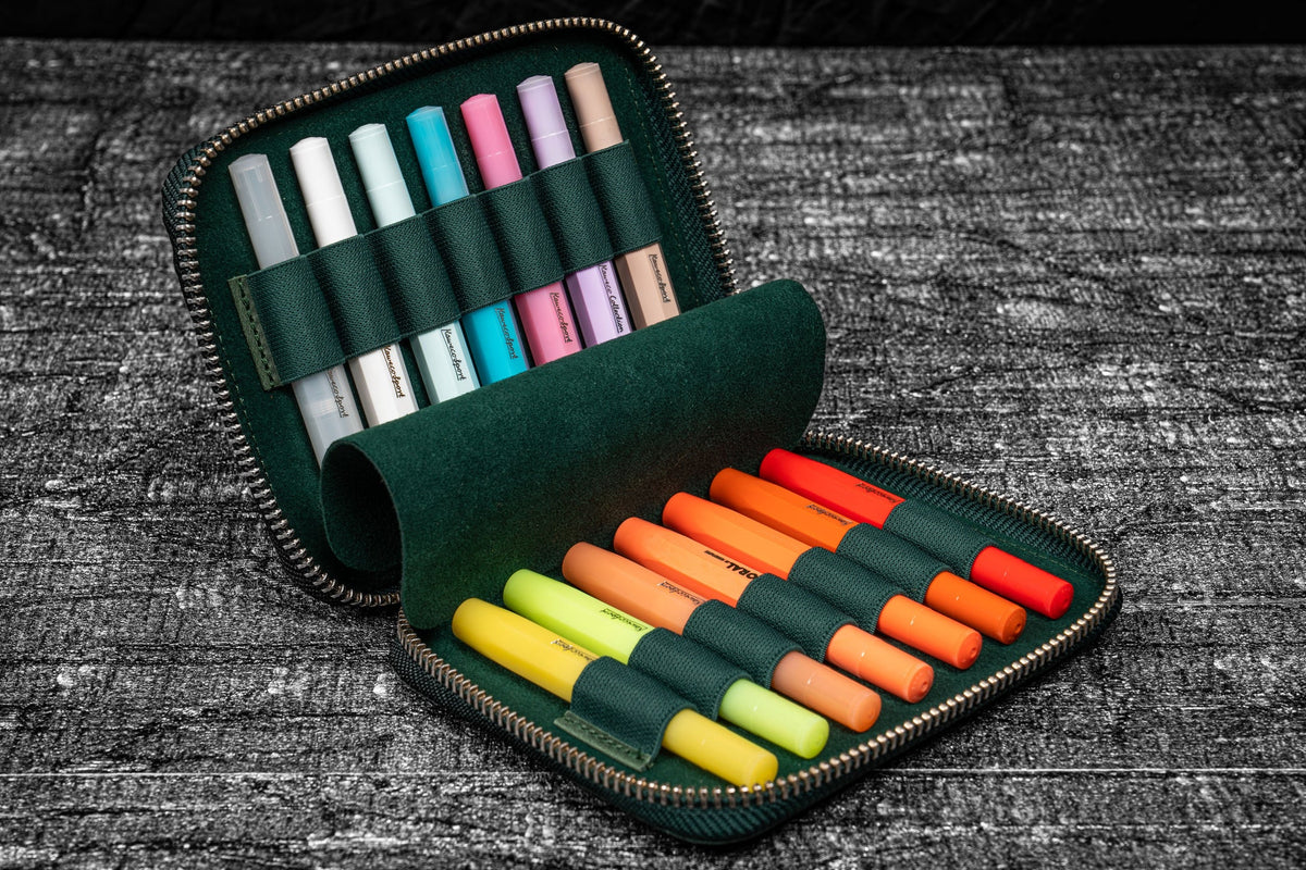 Galen Leather Zippered 14 Slots Collector Pen Case for Kaweco Pens - Crazy Horse Forest Green