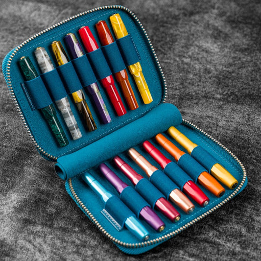 Galen Leather Zippered 14 Slots Collector Pen Case for Kaweco Pens - Crazy Horse Ocean Blue
