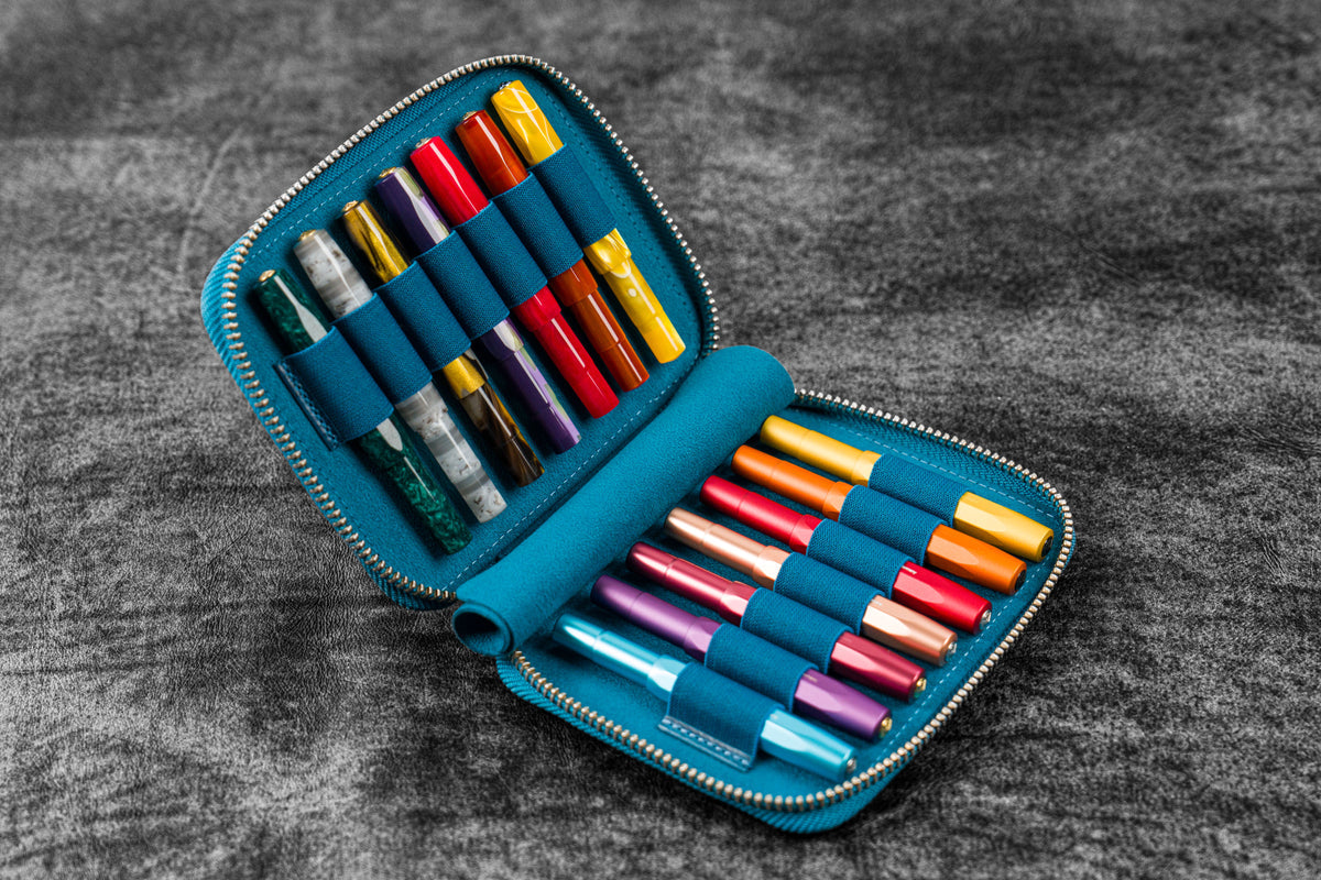 Galen Leather Zippered 14 Slots Collector Pen Case for Kaweco Pens - Crazy Horse Ocean Blue