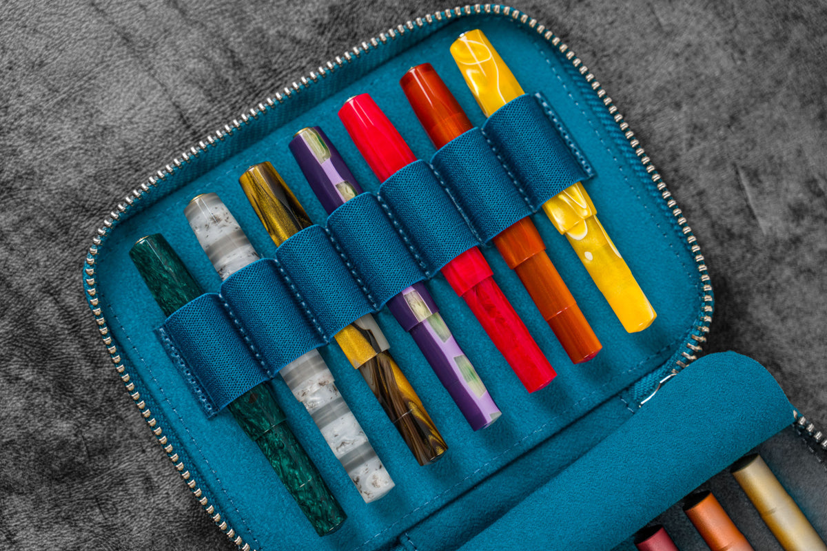 Galen Leather Zippered 14 Slots Collector Pen Case for Kaweco Pens - Crazy Horse Ocean Blue