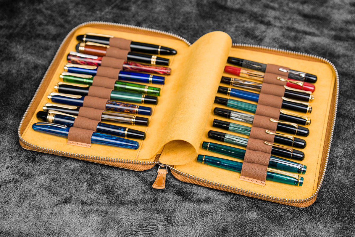 Galen Leather Zippered 20 Slots Pen Case - Crazy Horse Honey Ochre