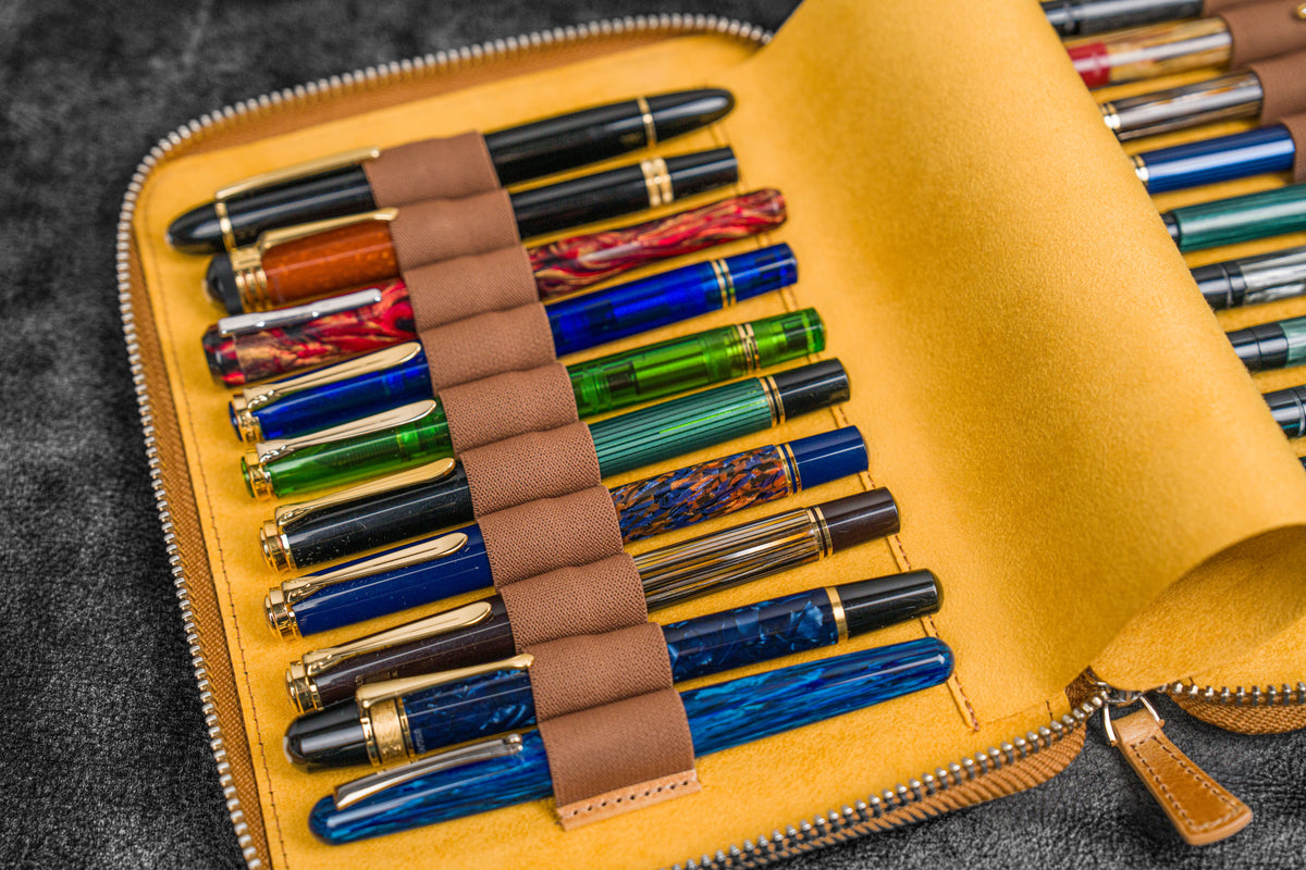 Galen Leather Zippered 20 Slots Pen Case - Crazy Horse Honey Ochre
