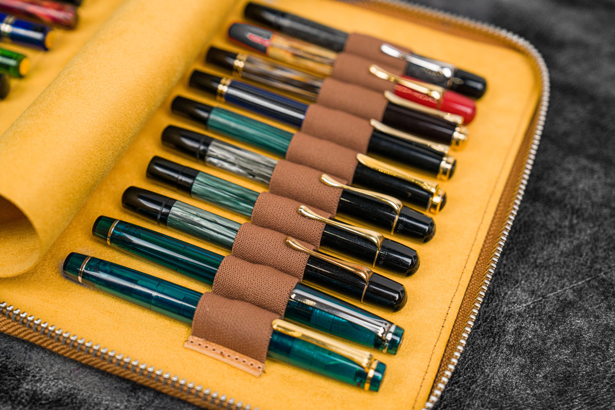 Galen Leather Zippered 20 Slots Pen Case - Crazy Horse Honey Ochre