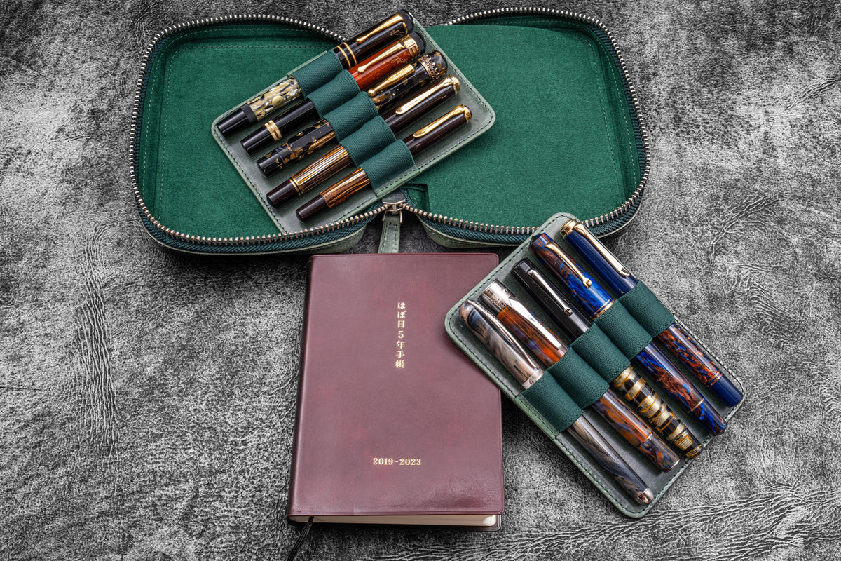 Galen Leather A6 Wide Zippered 10 Slot Pen Case Expansi-Pouch - Crazy Horse Forest Green