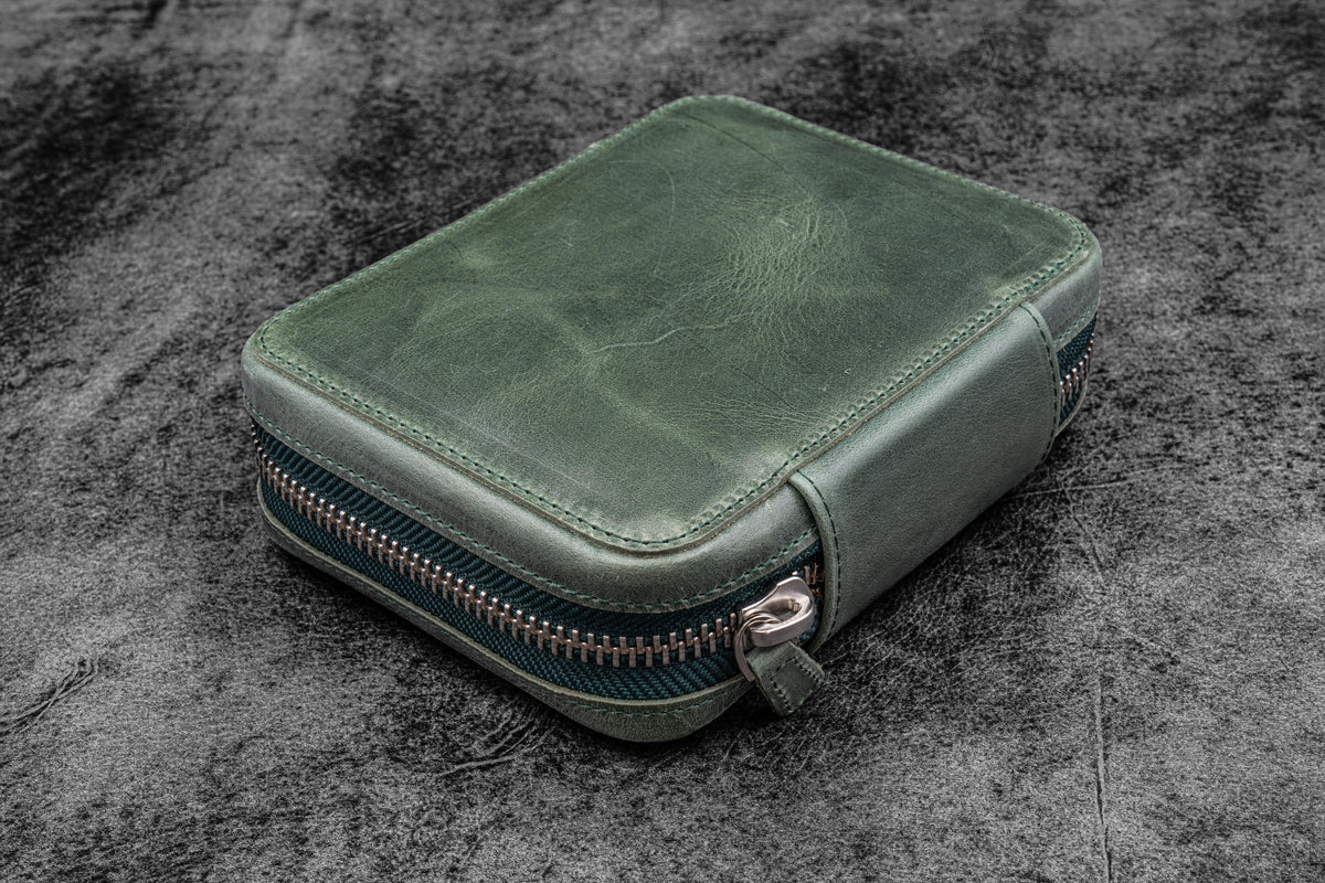 Galen Leather A6 Wide Zippered 10 Slot Pen Case Expansi-Pouch - Crazy Horse Forest Green