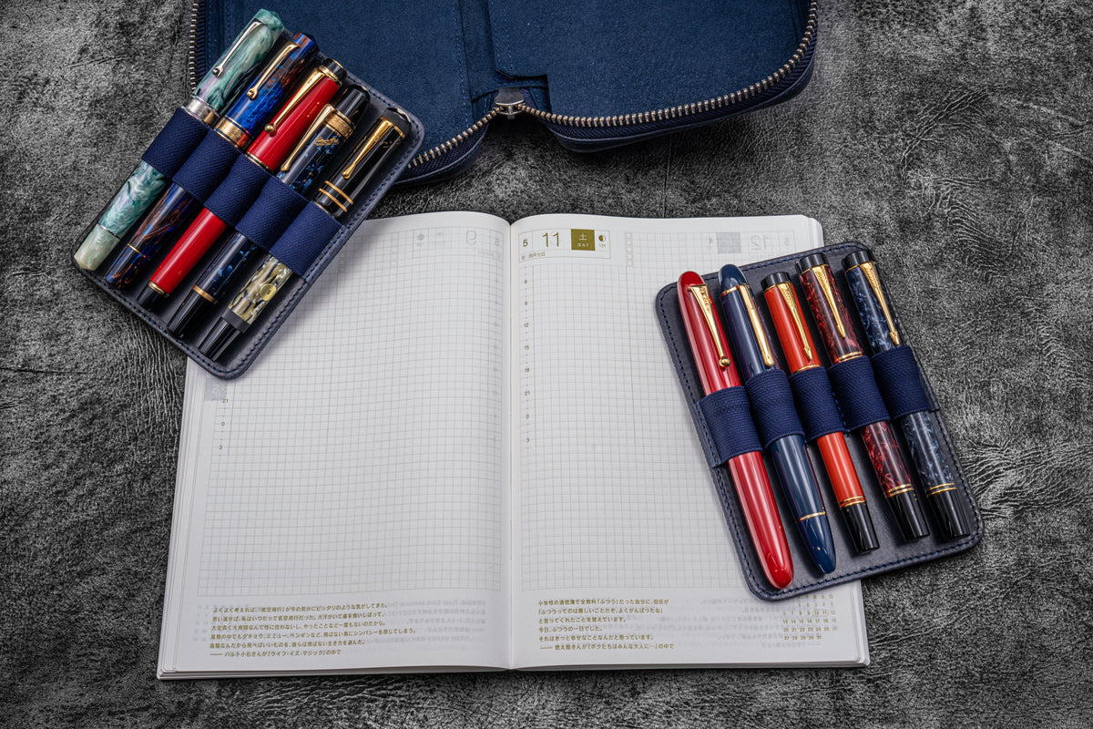 Galen Leather A6 Wide Zippered 10 Slot Pen Case Expansi-Pouch - Crazy Horse Navy Blue