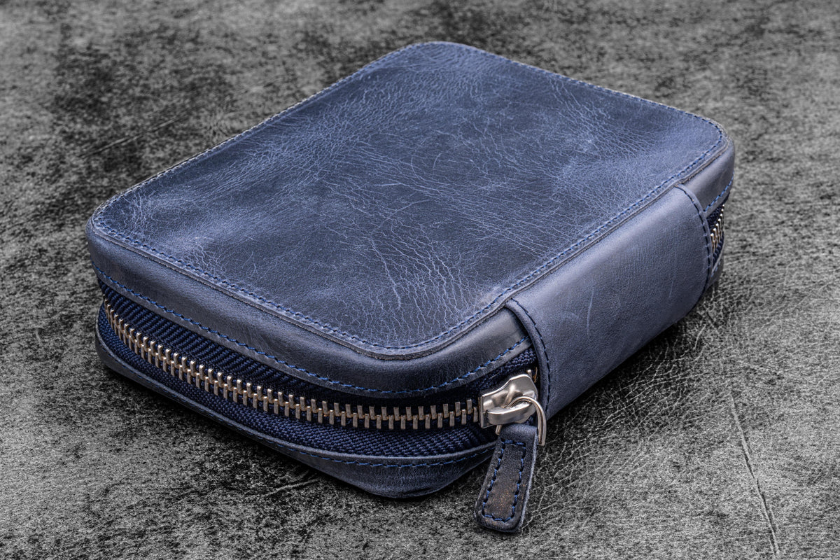 Galen Leather A6 Wide Zippered 10 Slot Pen Case Expansi-Pouch - Crazy Horse Navy Blue