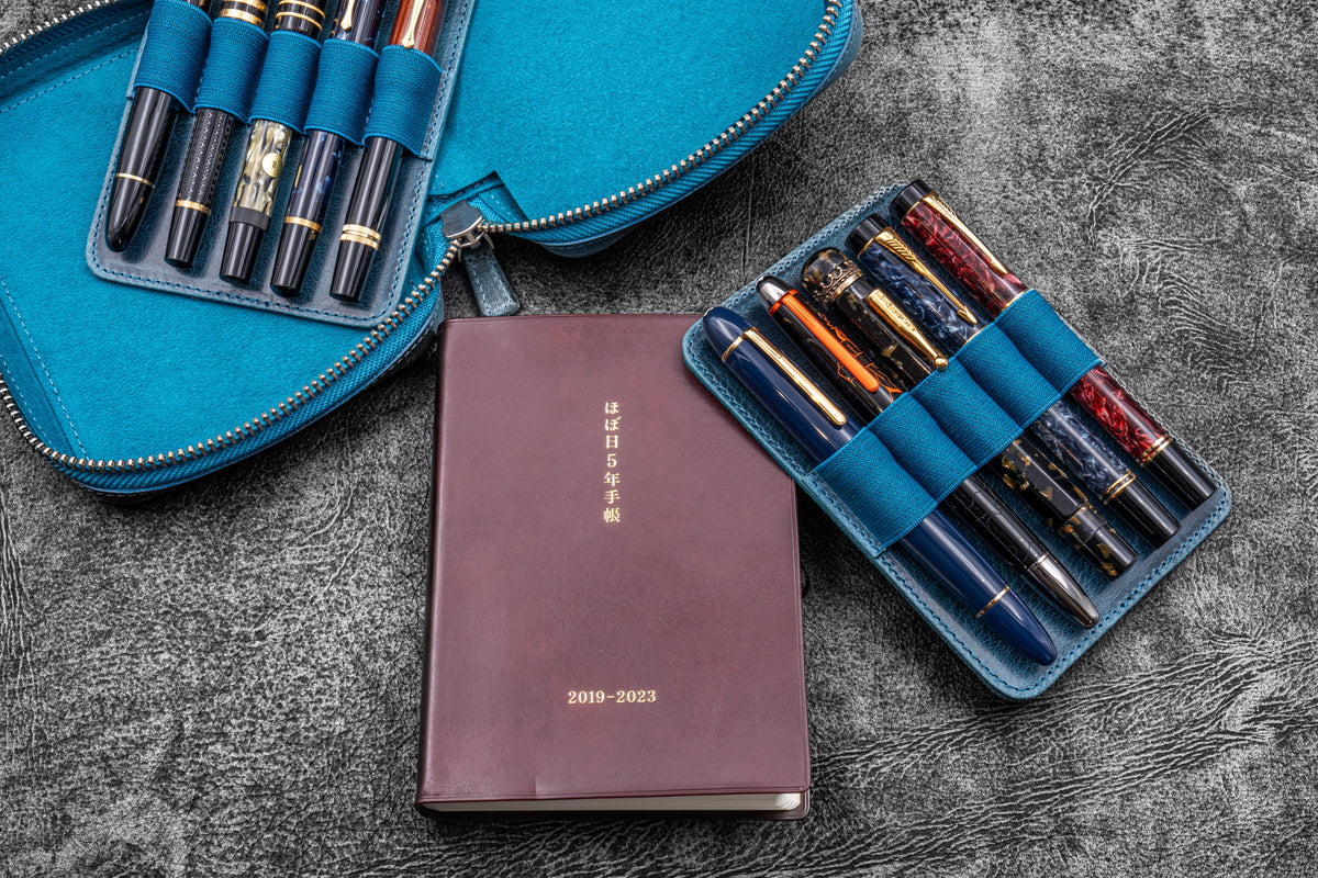 Galen Leather A6 Wide Zippered 10 Slot Pen Case Expansi-Pouch - Crazy Horse Ocean Blue