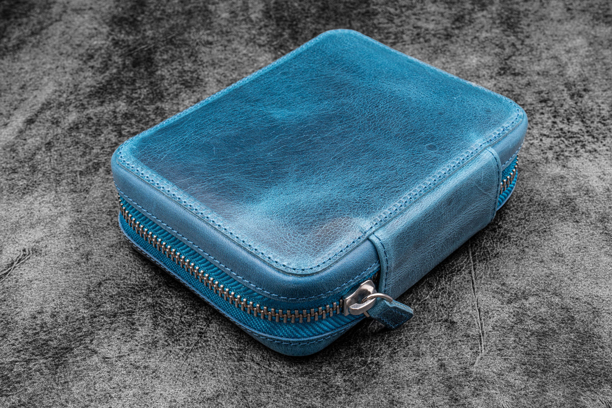 Galen Leather A6 Wide Zippered 10 Slot Pen Case Expansi-Pouch - Crazy Horse Ocean Blue