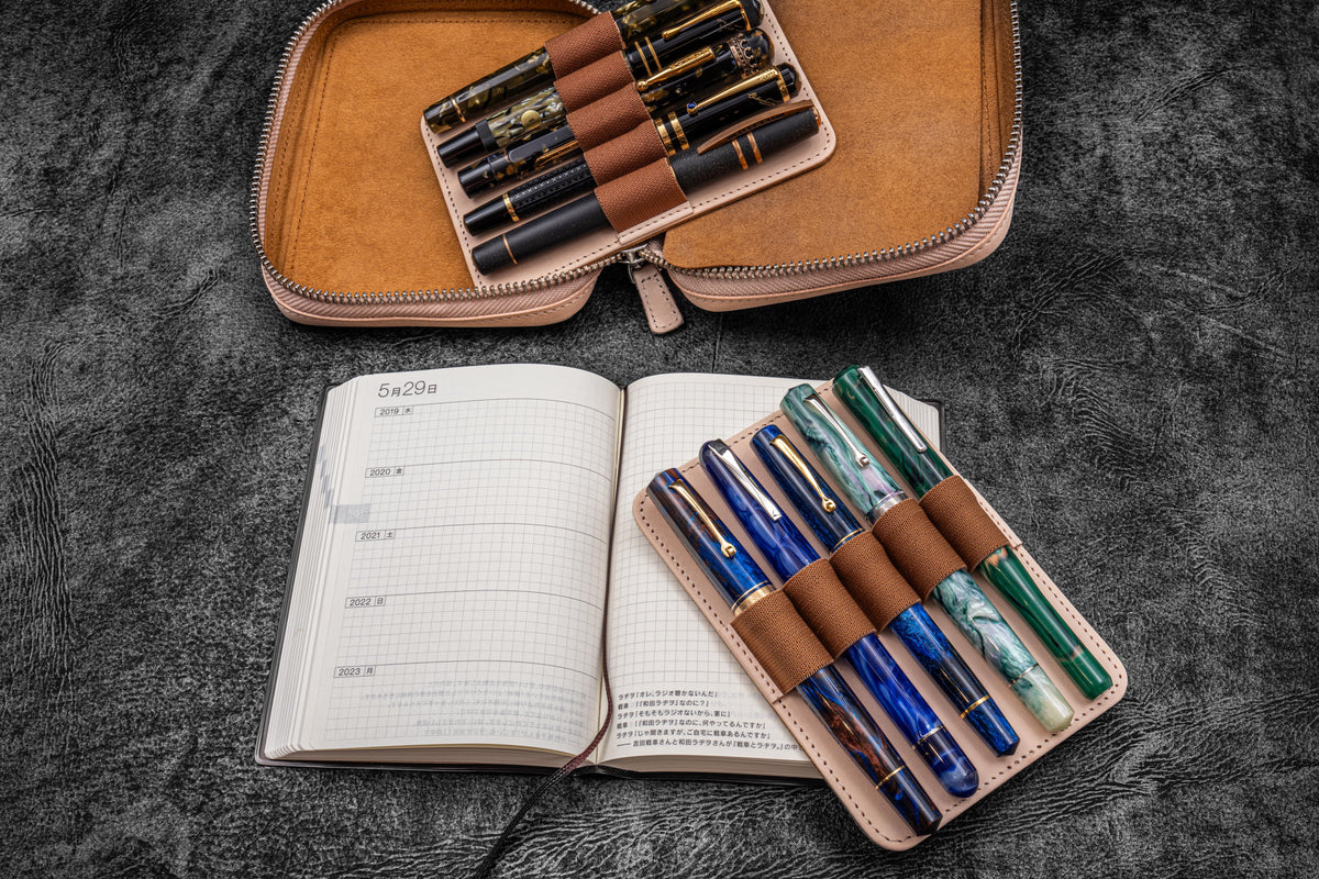 Galen Leather A6 Wide Zippered 10 Slot Pen Case Expansi-Pouch - Undyed