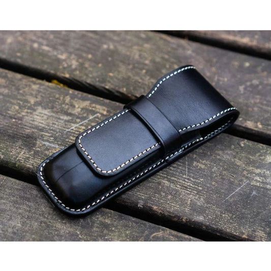 Galen Leather 2 Slots Flap Pen Case - Black