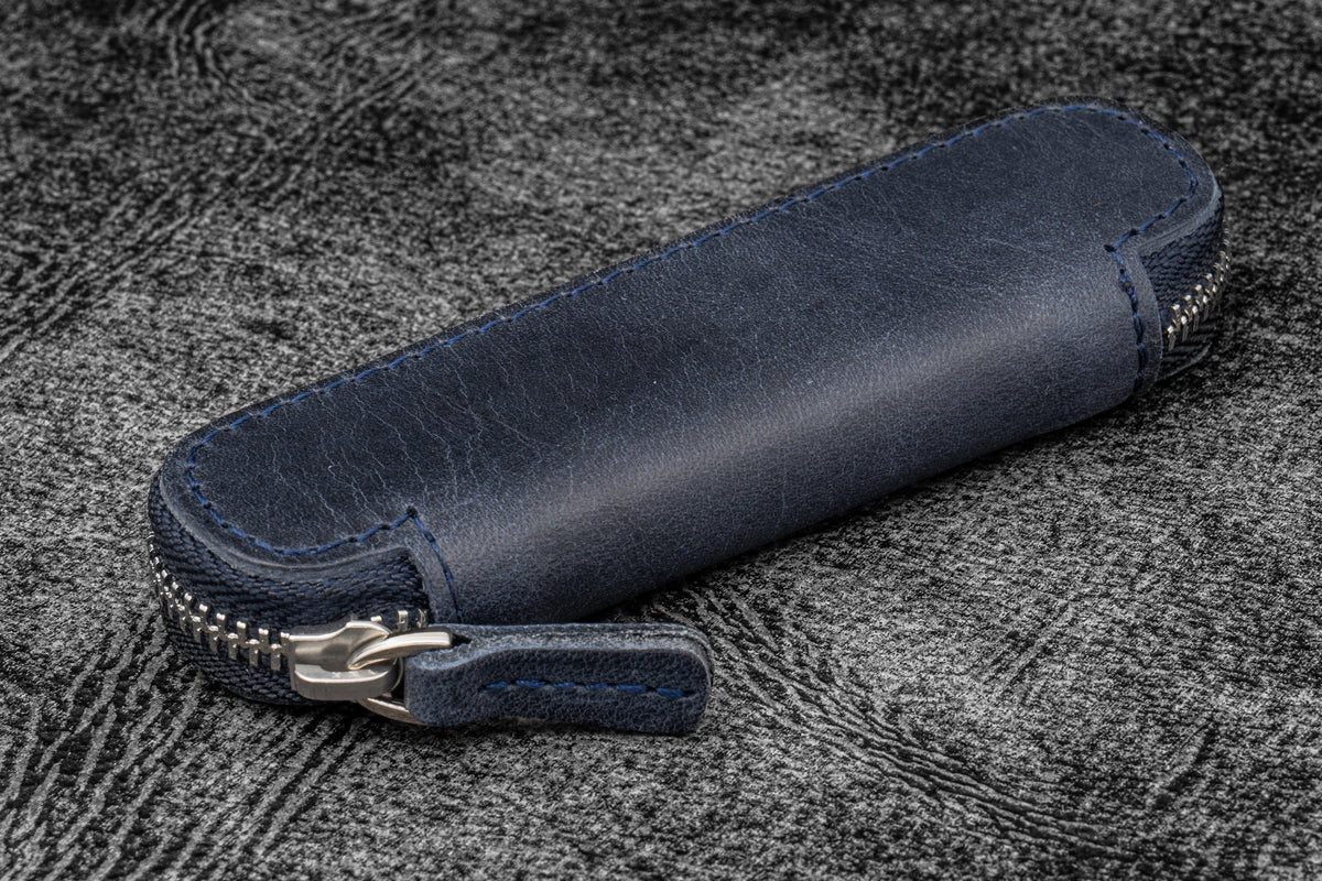 Galen Leather Zippered Single Slot Pen Case for Kaweco Pocket Pen - Crazy Horse Navy Blue