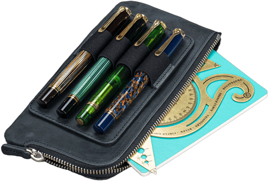 Galen Leather Zippered 4 Slots Slip-n-Zip Pen Pouch - Crazy Horse Graphite