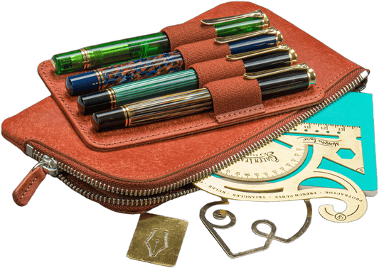 Galen Leather Zippered 4 Slots Slip-n-Zip Pen Pouch - Aged Copper