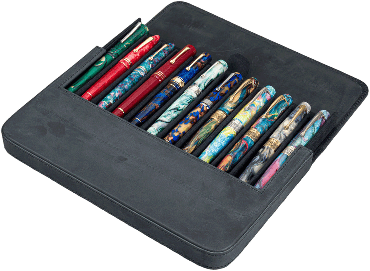 Galen Leather 12 Slots Magnum Opus Pen Case - Crazy Horse Graphite (with Removable Pen Tray)