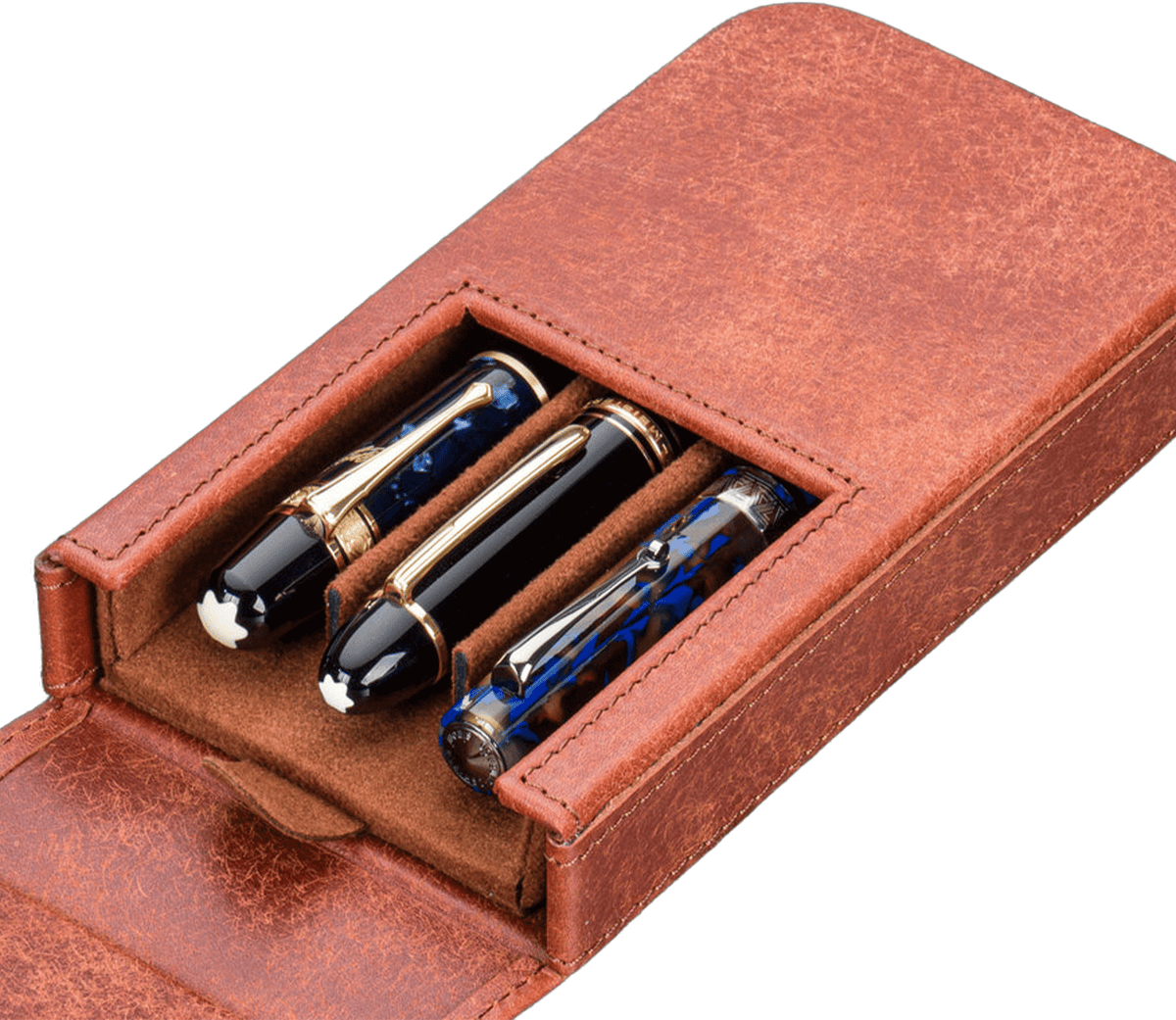 Galen Leather 3 Slots Magnum Opus Pen Case - Aged Copper (with Removable Pen Tray)