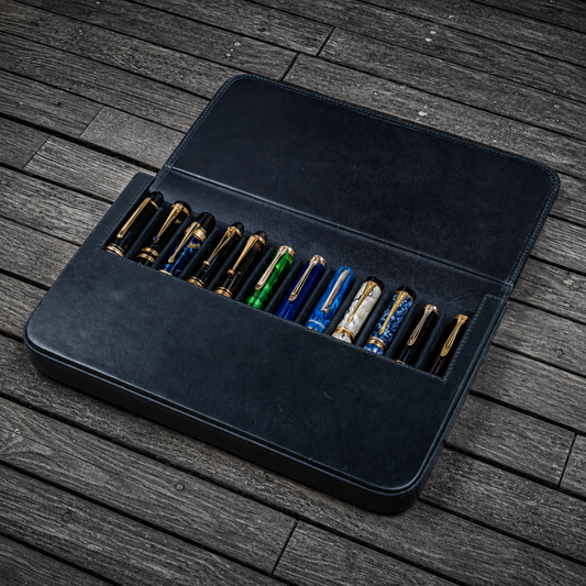 Galen Leather 12 Slots Magnum Opus Pen Case - Black (with Removable Pen Tray)