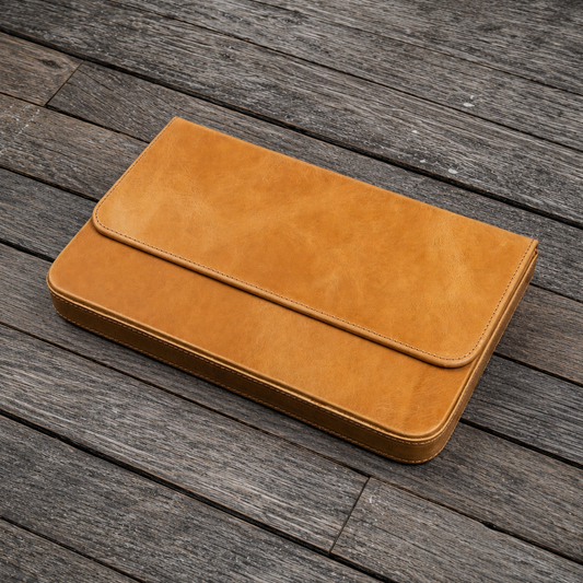 Galen Leather 12 Slots Magnum Opus Pen Case - Crazy Honey Ochre (with Removable Pen Tray)