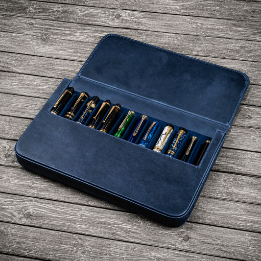 Galen Leather 12 Slots Magnum Opus Pen Case - Crazy Navy Blue (with Removable Pen Tray)