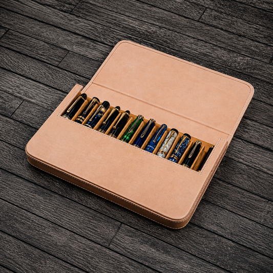 Galen Leather 12 Slots Magnum Opus Pen Case - Undyed (with Removable Pen Tray)