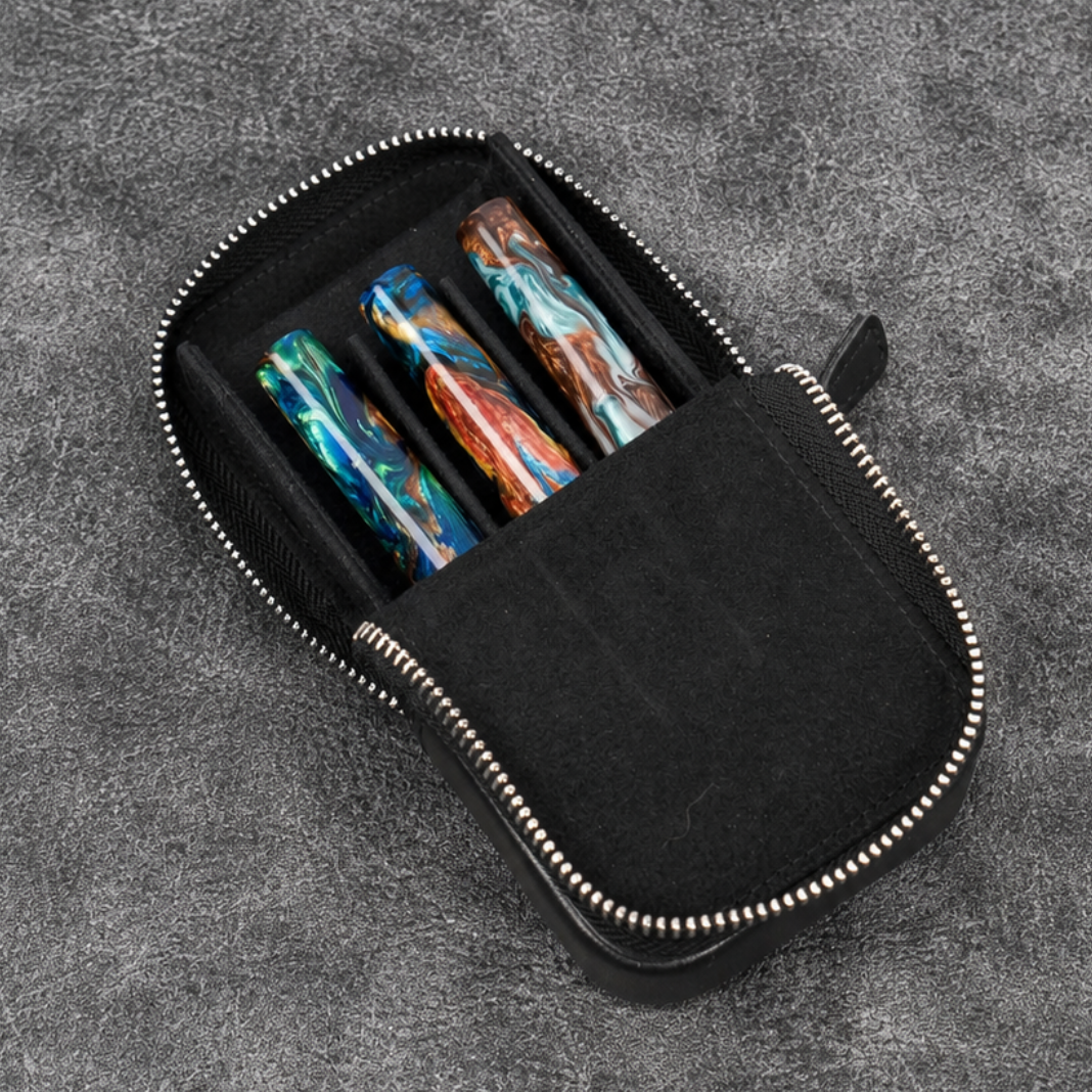 Galen Leather 3 Slot Zippered Magnum Opus Pen Case - Black (with Removable Pen Tray)