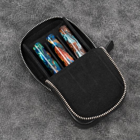 Galen Leather 3 Slot Zippered Magnum Opus Pen Case - Black (with Removable Pen Tray)