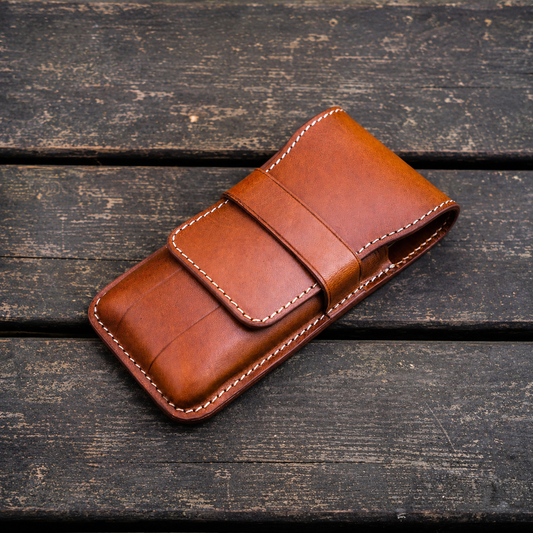 Galen Leather 3 Slots Flap Pen Case - Brown