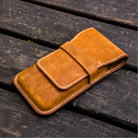 Galen Leather 3 Slots Flap Pen Case - Crazy Horse Brown