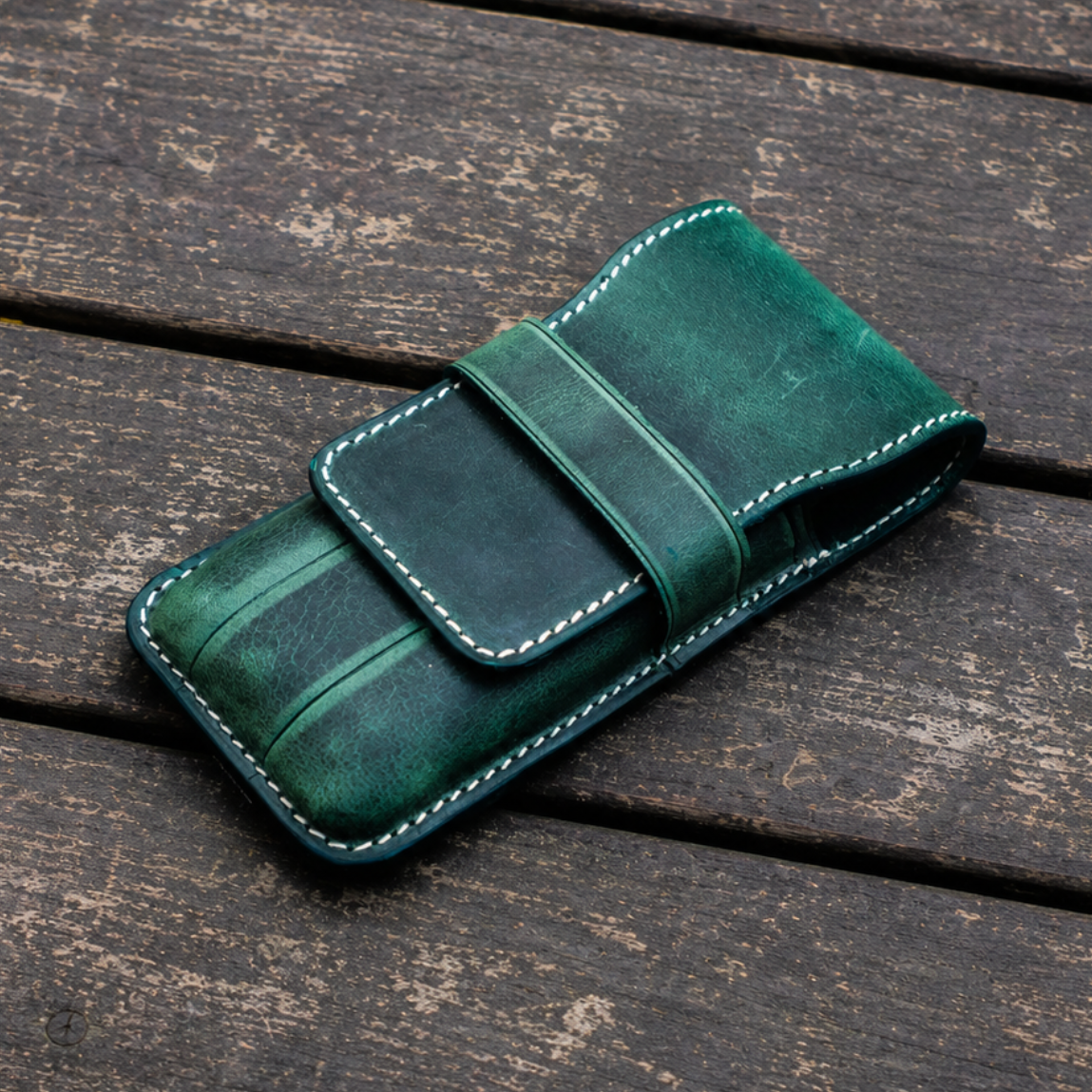 Galen Leather 3 Slots Flap Pen Case - Crazy Horse Forest Green