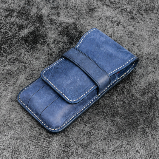 Galen Leather 3 Slots Flap Pen Case - Crazy Horse Navy Blue