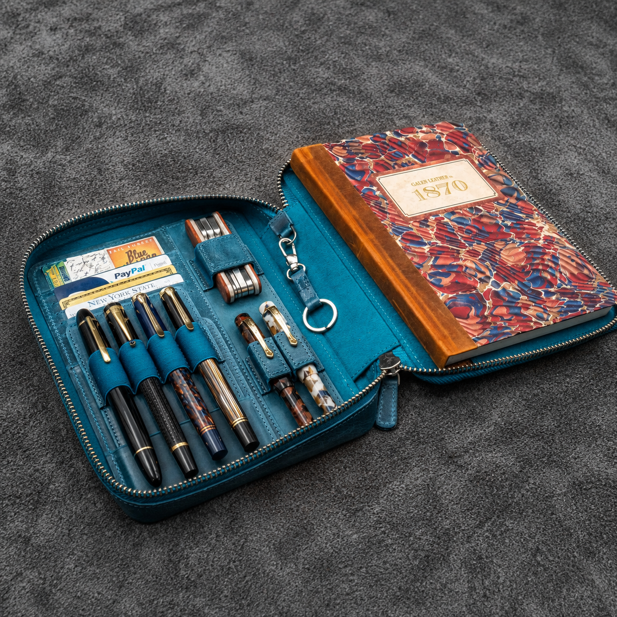 Galen Leather A5 Wide Zippered Expansi-Folio - Crazy Horse Ocean Blue