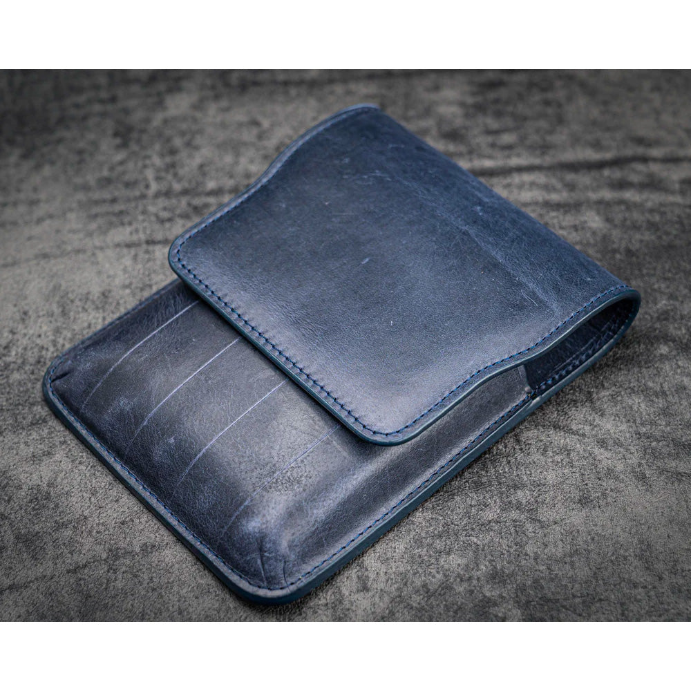 Galen Leather 5 Slots Flap Pen Case - Crazy Horse Navy Blue