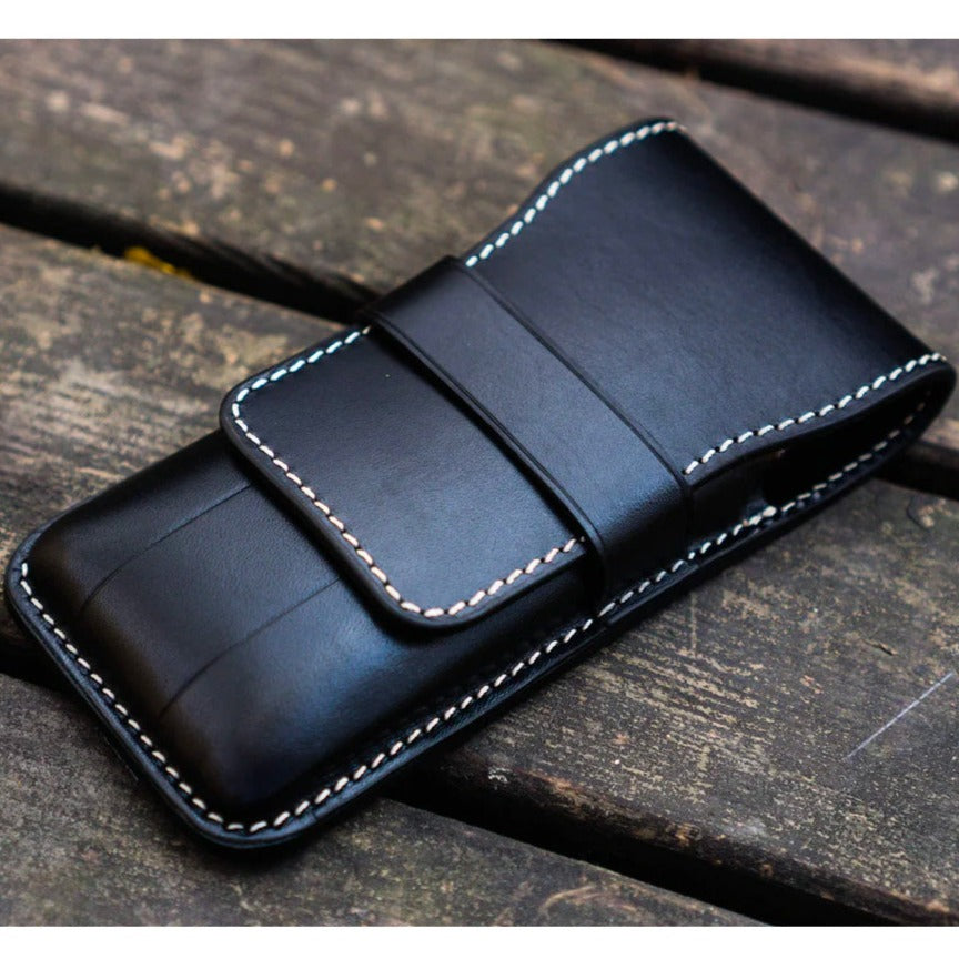 Galen Leather 3 Slots Flap Pen Case - Black