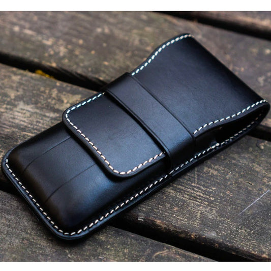 Galen Leather 3 Slots Flap Pen Case - Black