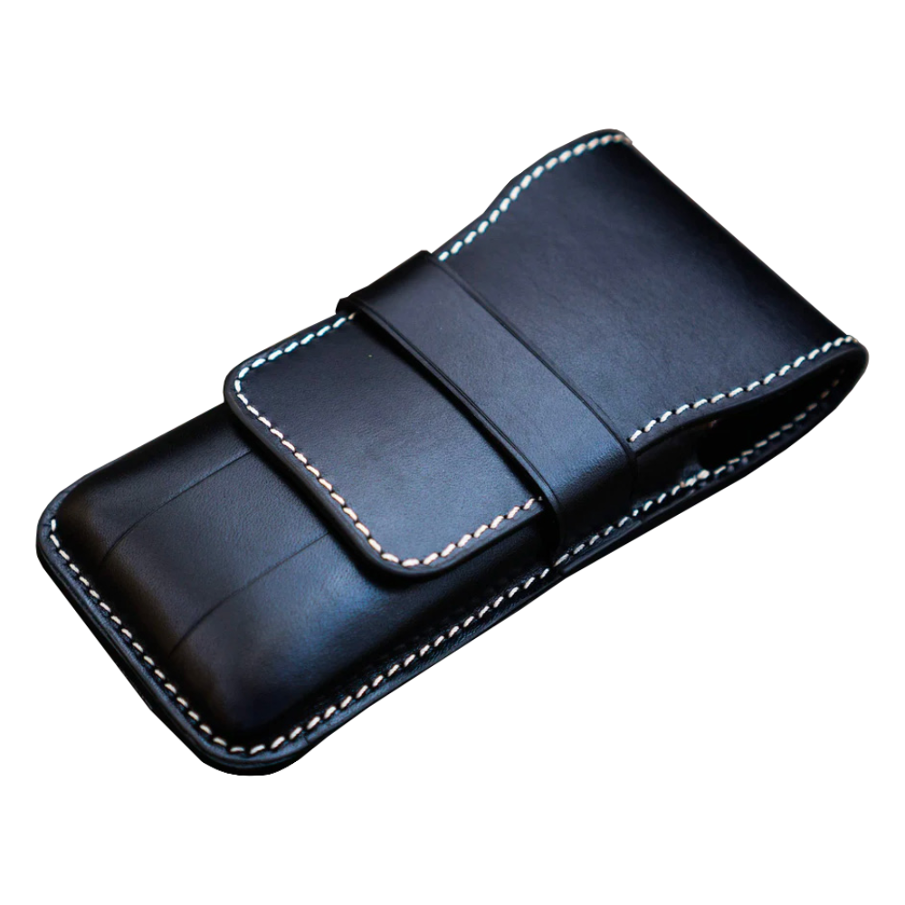 Galen Leather 3 Slots Flap Pen Case - Black