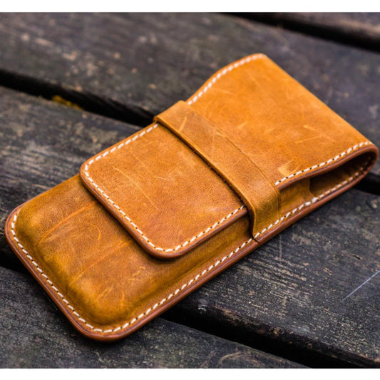 Galen Leather 3 Slots Flap Pen Case - Crazy Horse Brown