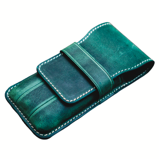 Galen Leather 3 Slots Flap Pen Case - Crazy Horse Forest Green