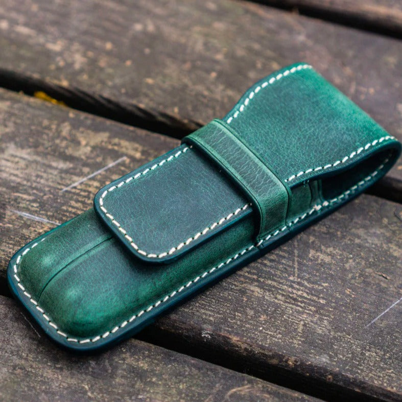 Galen Leather 2 Slots Flap Pen Case - Crazy Horse Forest Green