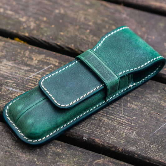 Galen Leather 2 Slots Flap Pen Case - Crazy Horse Forest Green