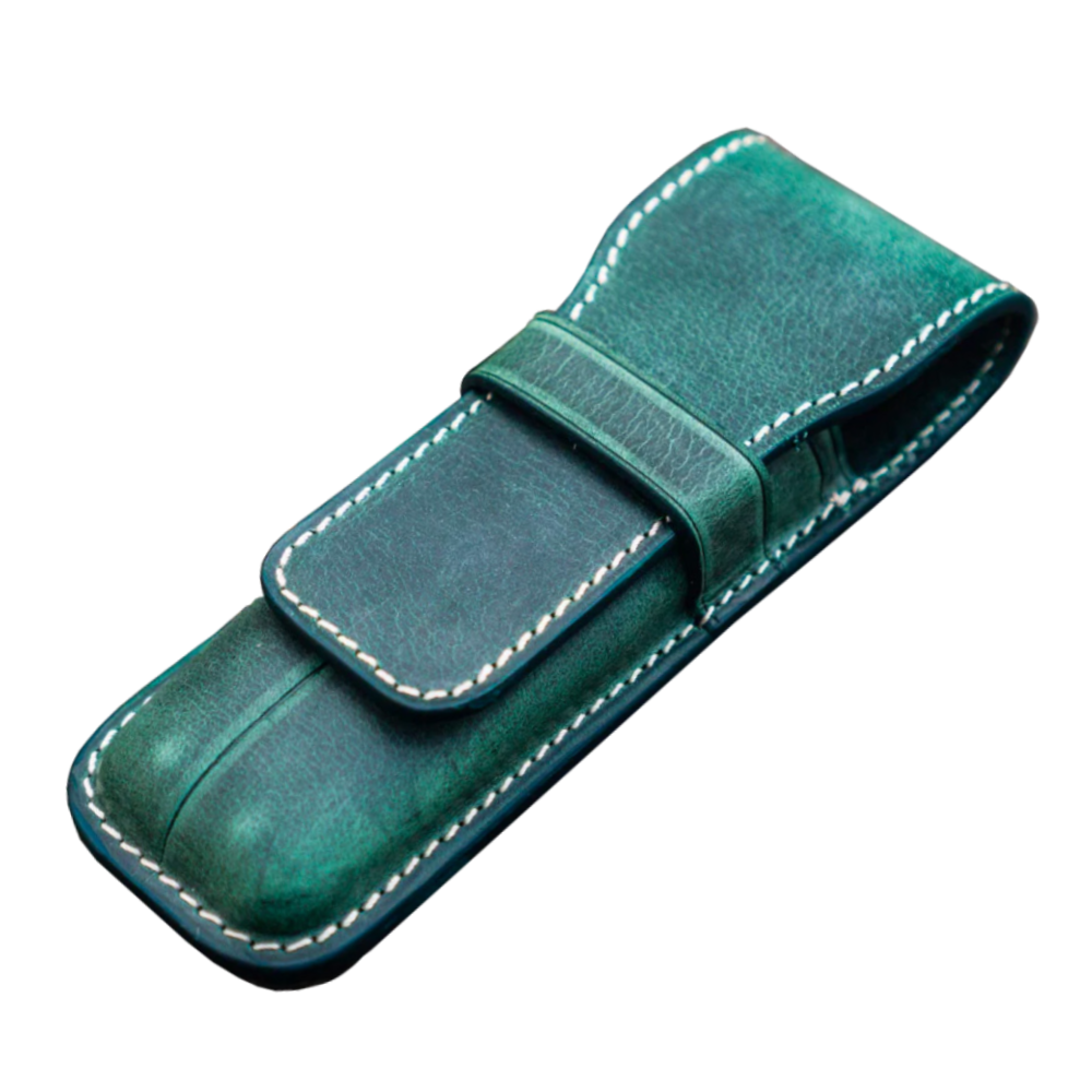 Galen Leather 2 Slots Flap Pen Case - Crazy Horse Forest Green