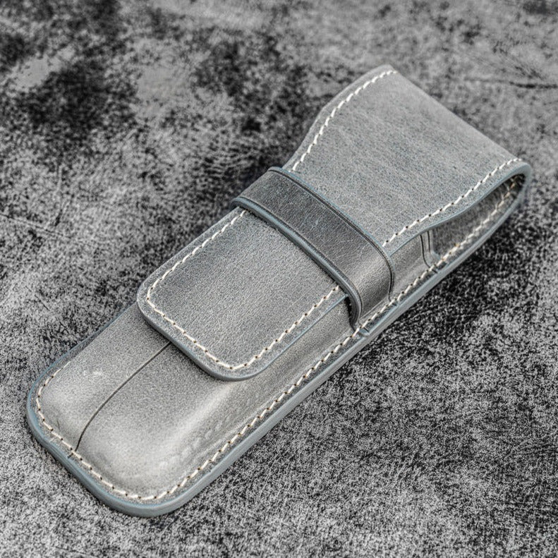 Galen Leather 2 Slots Flap Pen Case - Crazy Horse Smoky