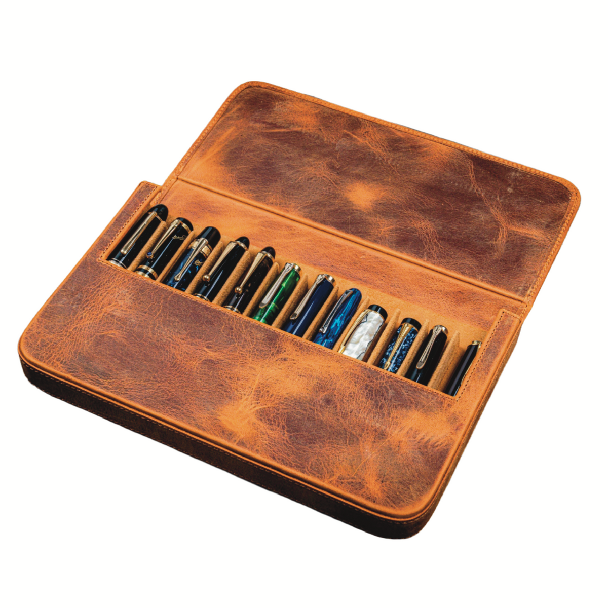 Galen Leather 12 Slots Magnum Opus Pen Case - Crazy Horse Brown (with Removable Pen Tray)