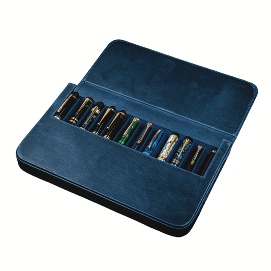 Galen Leather 12 Slots Magnum Opus Pen Case - Crazy Navy Blue (with Removable Pen Tray)